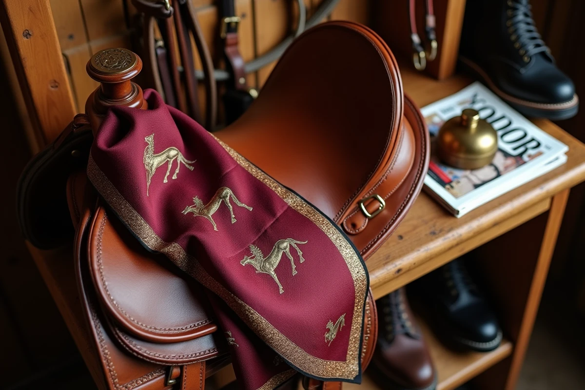 Flat lay d'accessoires de mode équestre chics sur une selle en cuir dans une sellerie authentique