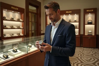 Client masculin en blazer marine examinant une Rolex dans une boutique de luxe au comptoir en bois poli