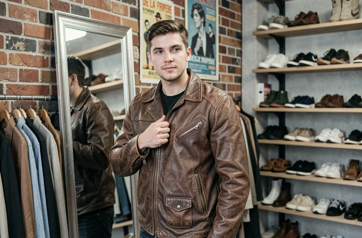 Un jeune homme essaie un blouson vintage en cuir devant un miroir à l'Agence De La Friperie à Ploërmel