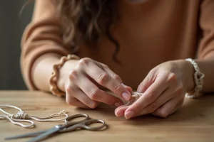 Femme ajustant le nœud coulissant de son bracelet cordon en coton tressé à la main sur une table en bois