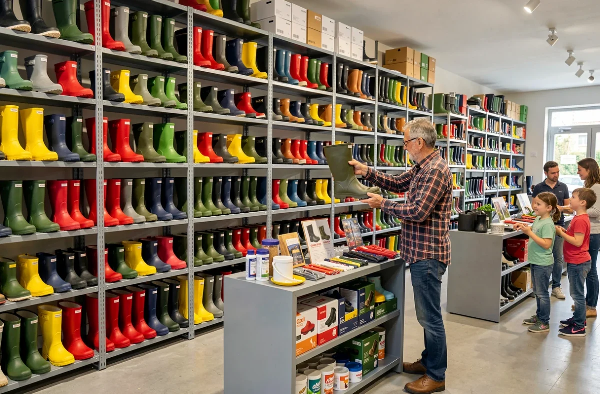 AMBC Maison de la Botte en Caoutchouc au Mée-sur-Seine avec un mur de bottes Wellington colorées exposées du sol au plafond