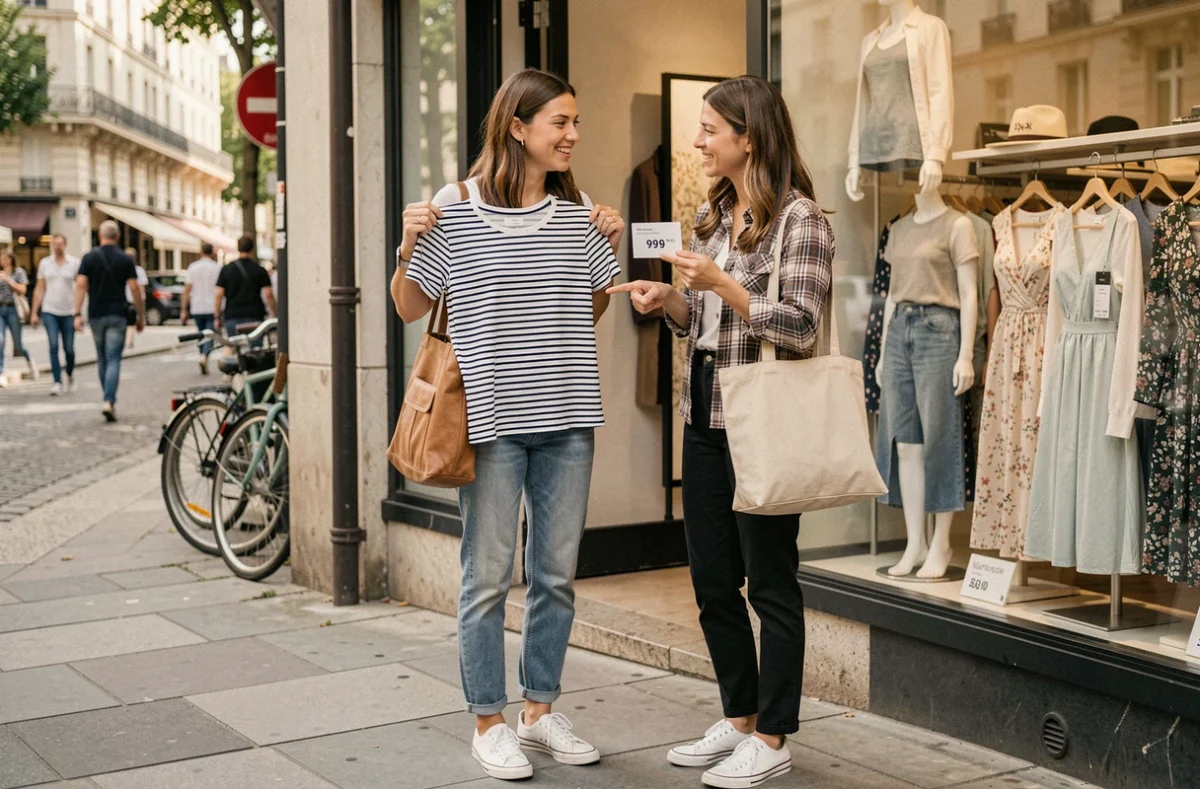 Deux femmes qui comparent des vêtements devant une boutique de mode pour faire des économies