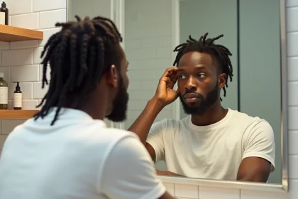 Jeune homme appliquant un wave cap sur ses dreadlocks en transition devant un miroir de salle de bain