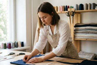 Jeune femme apprenant la couture en épinglant un patron sur du tissu dans une salle d'atelier de CAP couture