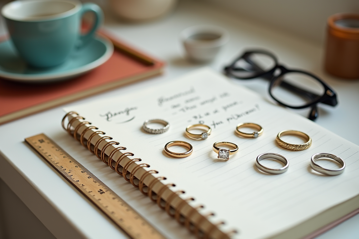 Bague et carnet avec objets du quotidien sur comptoir lumineux
