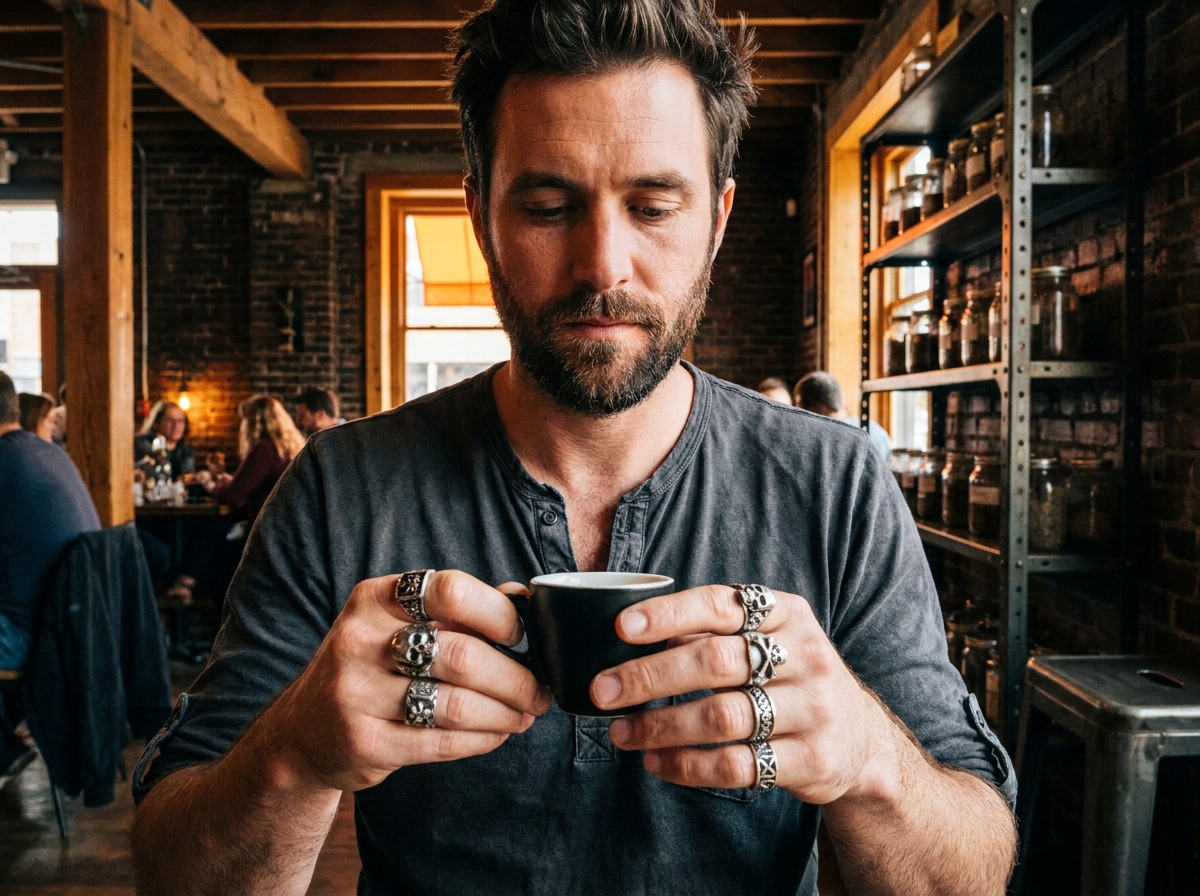 Homme barbu avec bagues gothiques en argent aux motifs crânes tenant un café dans un coffee shop industriel vintage