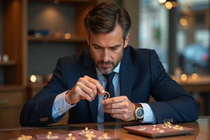 Bijoutier homme en costume examine un anneau d'or avec loupe