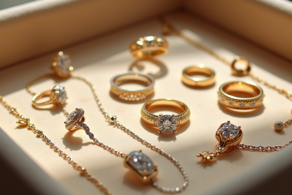 Bijoux en or et platine sur un plateau en velours beige