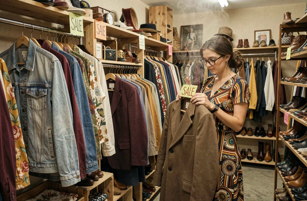 Blow Vintage à Fontainebleau avec des racks de vêtements rétro soigneusement sélectionnés et une propriétaire arrangeant les pièces