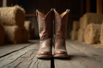 Paire de bottes western cowboy en cuir marron usé posée sur un plancher de grange en bois, détails des coutures et du talon empilé visibles en gros plan