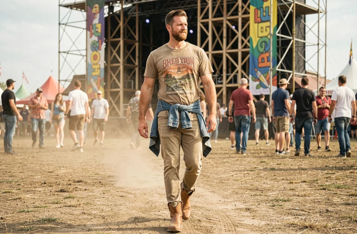 Homme en bottines cowboy usées marchant dans un festival de musique en plein air