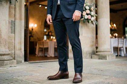 Homme en costume élégant portant des bottines cowboy en cuir marron pour un mariage