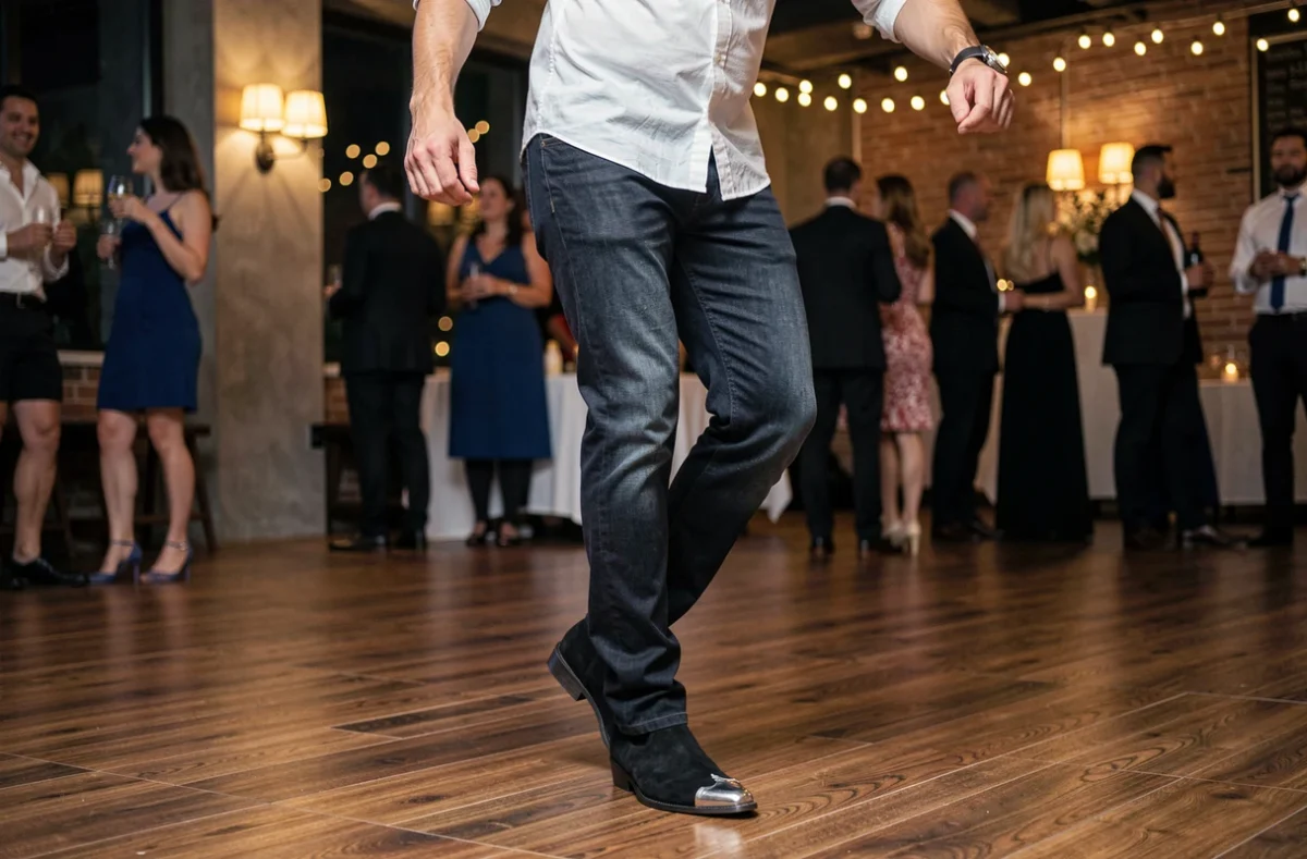 Homme en bottines cowboy noires dansant lors d'une soirée élégante en intérieur