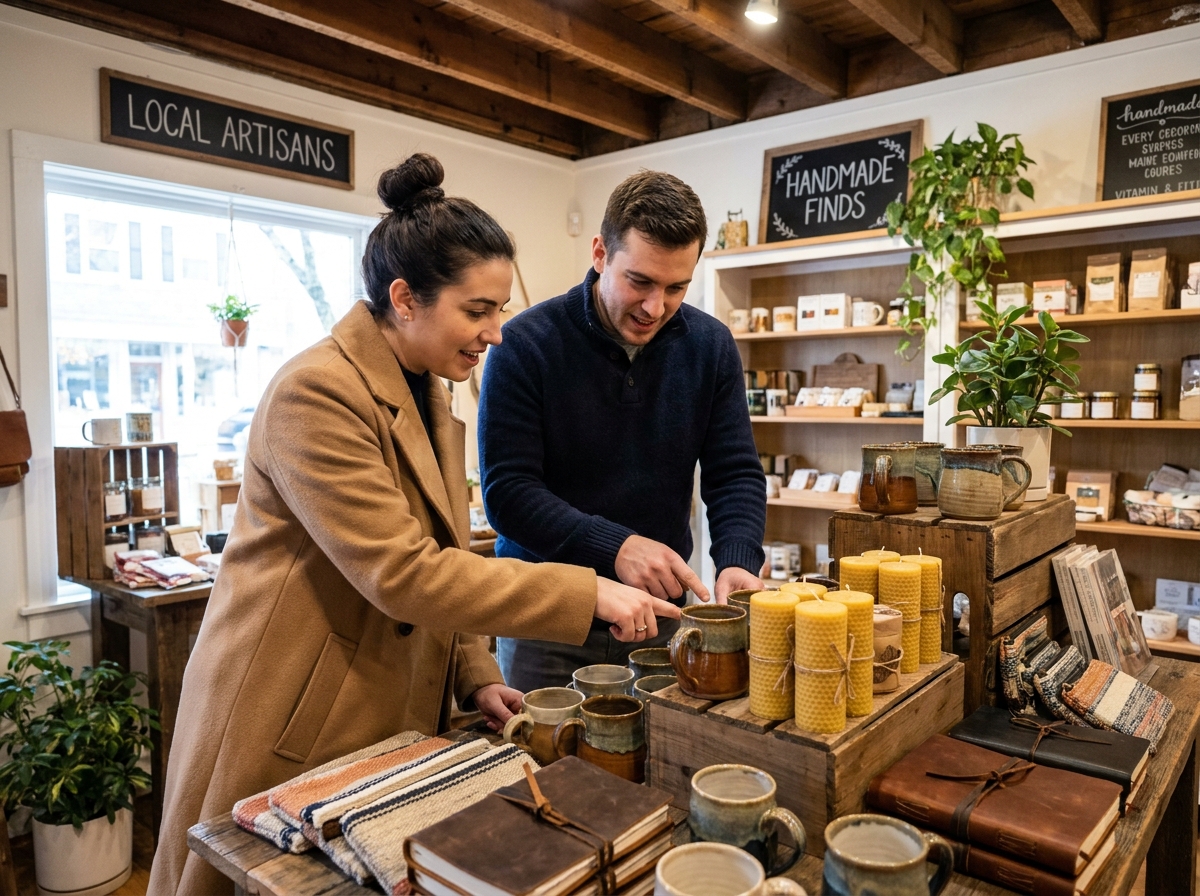 Deux adultes dans une boutique de cadeaux artisanaux et originaux, cherchant des présents insolites pour leur famille