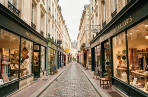 Rue commerçante de créateurs dans les Pays de la Loire avec vitrines artisanales et boutiques indépendantes