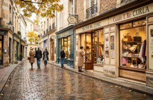 Rue commerçante de Seine-et-Marne avec des boutiques de créateurs artisanaux et des vitrines élégantes