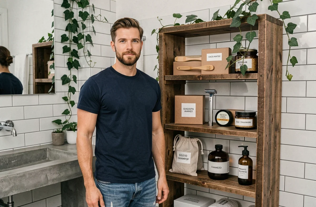 Homme barbu présentant les produits d'une box grooming écologique et zéro déchet sur une étagère en bois dans une salle de bain moderne