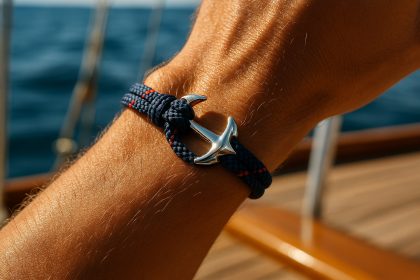Poignet bronzé avec bracelet nautique en corde et fermoir en argent