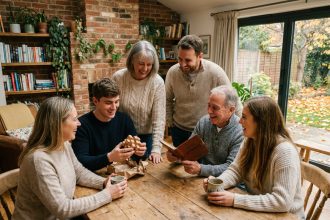 Famille réunie autour d'une table en bois en train d'échanger des cadeaux originaux et insolites pour Noël ou un anniversaire