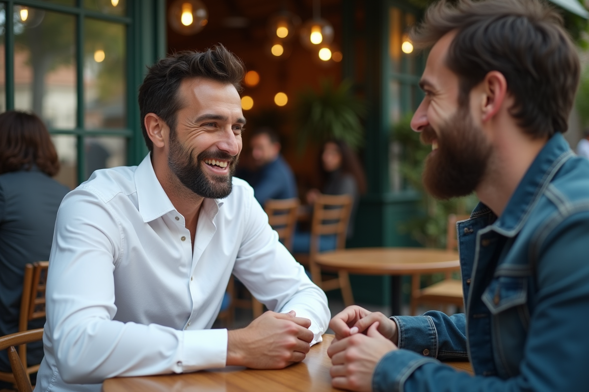 Deux hommes discutant dans un café extérieur convivial