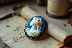 Gros plan d'un camée bleu classique sur velours crème, mettant en valeur le relief ivoire sculpté sur fond bleu cobalt profond