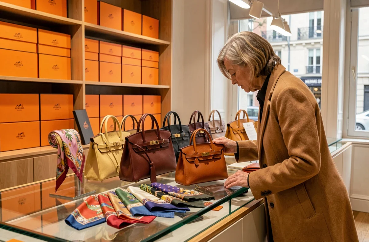 Catherine B, boutique parisienne spécialisée en dépôt-vente Hermès avec sacs Birkin et Kelly exposés sous verre