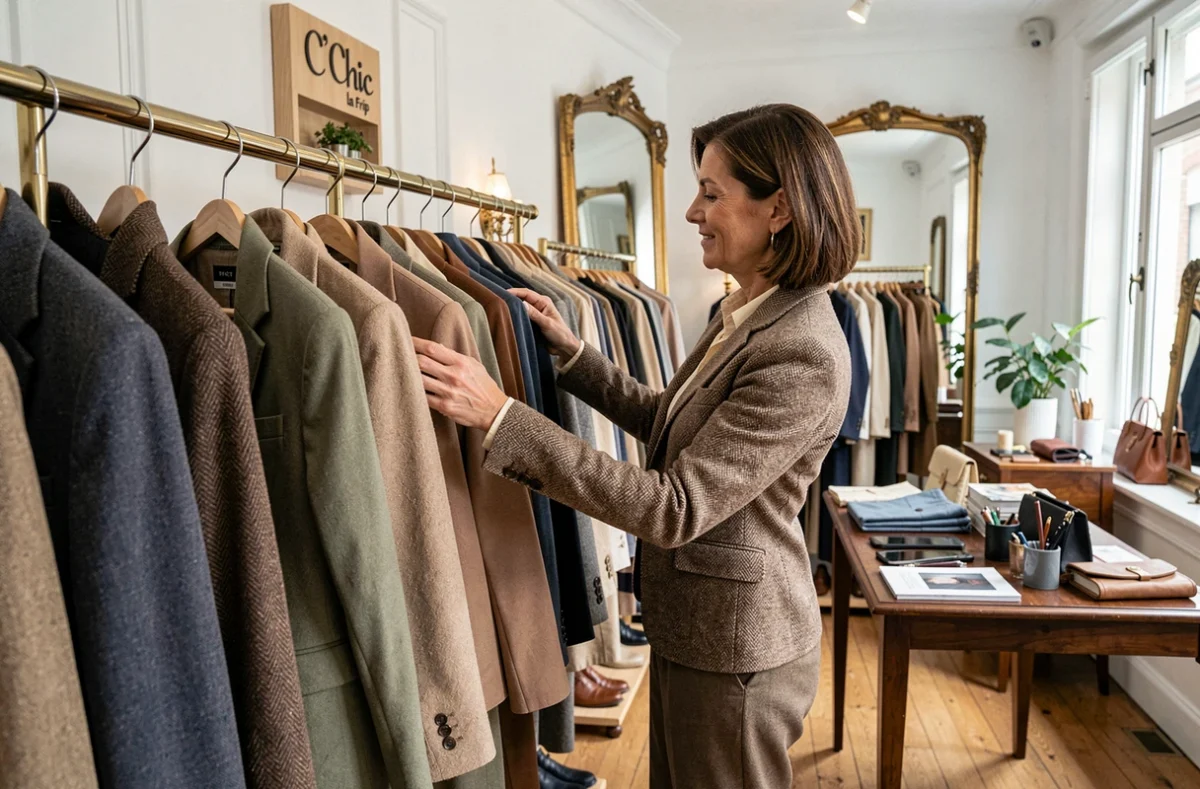 Une femme élégante choisit un blazer de seconde main dans la boutique chic C'Chic la Frip à Lorient