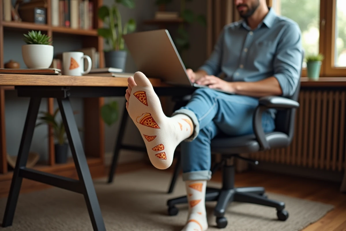 Homme au bureau à domicile portant des chaussettes drôles en coton bio imprimées pizza, ambiance cosy et décontractée