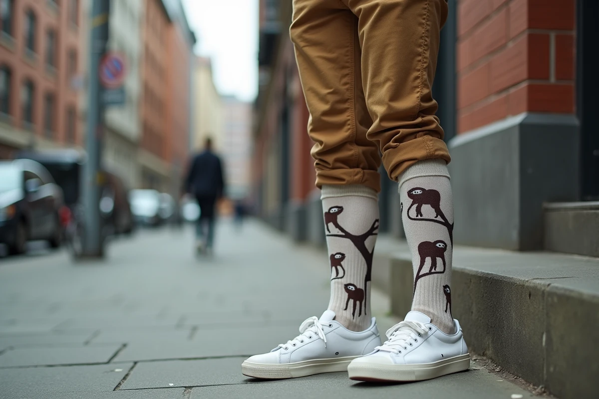 Homme en ville montrant ses chaussettes humoristiques en coton bio avec motifs paresseux, posé sur une marche en béton