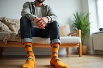 Homme assis portant des chaussettes rigolotes en coton bio avec motifs hamburger, dans un salon scandinave en bois clair