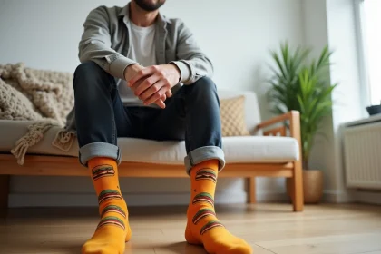 Homme assis portant des chaussettes rigolotes en coton bio avec motifs hamburger, dans un salon scandinave en bois clair
