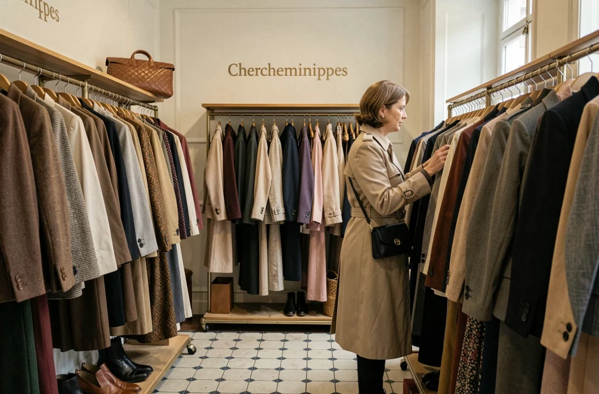 Boutique Chercheminippes rue Saint-Placide à Paris avec ses portants de vêtements vintage soigneusement organisés