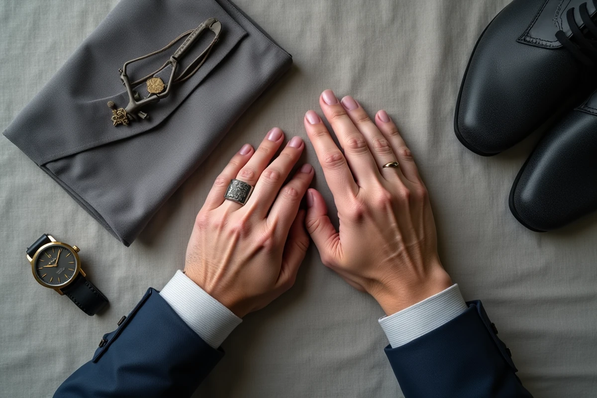 Vue aérienne d'une chevalière homme en argent oxydé avec blason familial gravé, posée sur du lin gris avec montre mécanique et pochette en tissu, style editorial raffiné