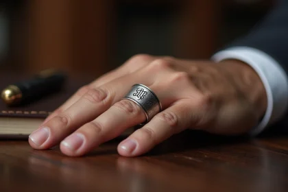 Chevalière homme en argent sterling avec monogramme gravé en police serif élégante, portée sur l'auriculaire, posée sur un bureau en bois sombre avec carnet en cuir