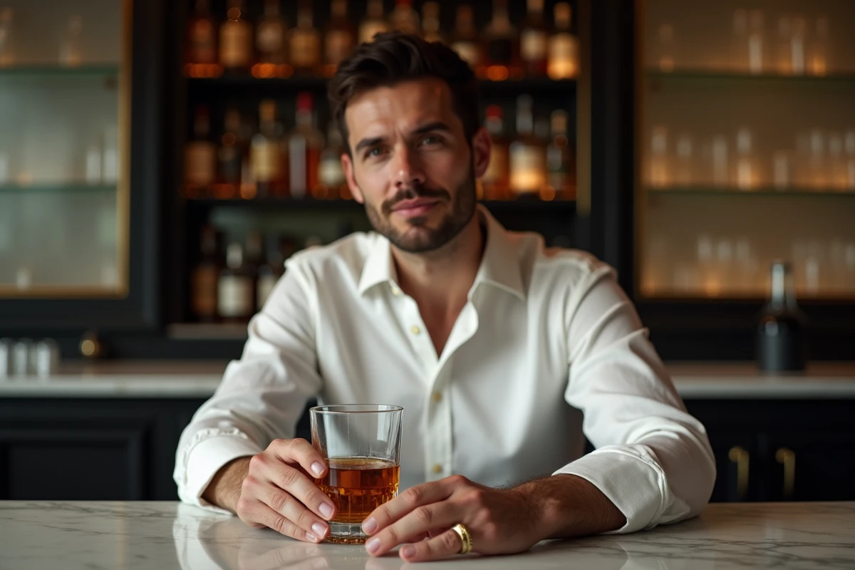 Homme portant une chevalière en or brossé gravée d'un chiffre romain, accoudé à un bar en marbre dans un cadre raffiné, tenue chemise blanche manches retroussées