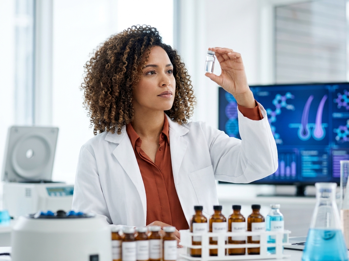 Chercheuse aux cheveux bouclés naturels dans un laboratoire de développement de produits capillaires innovants