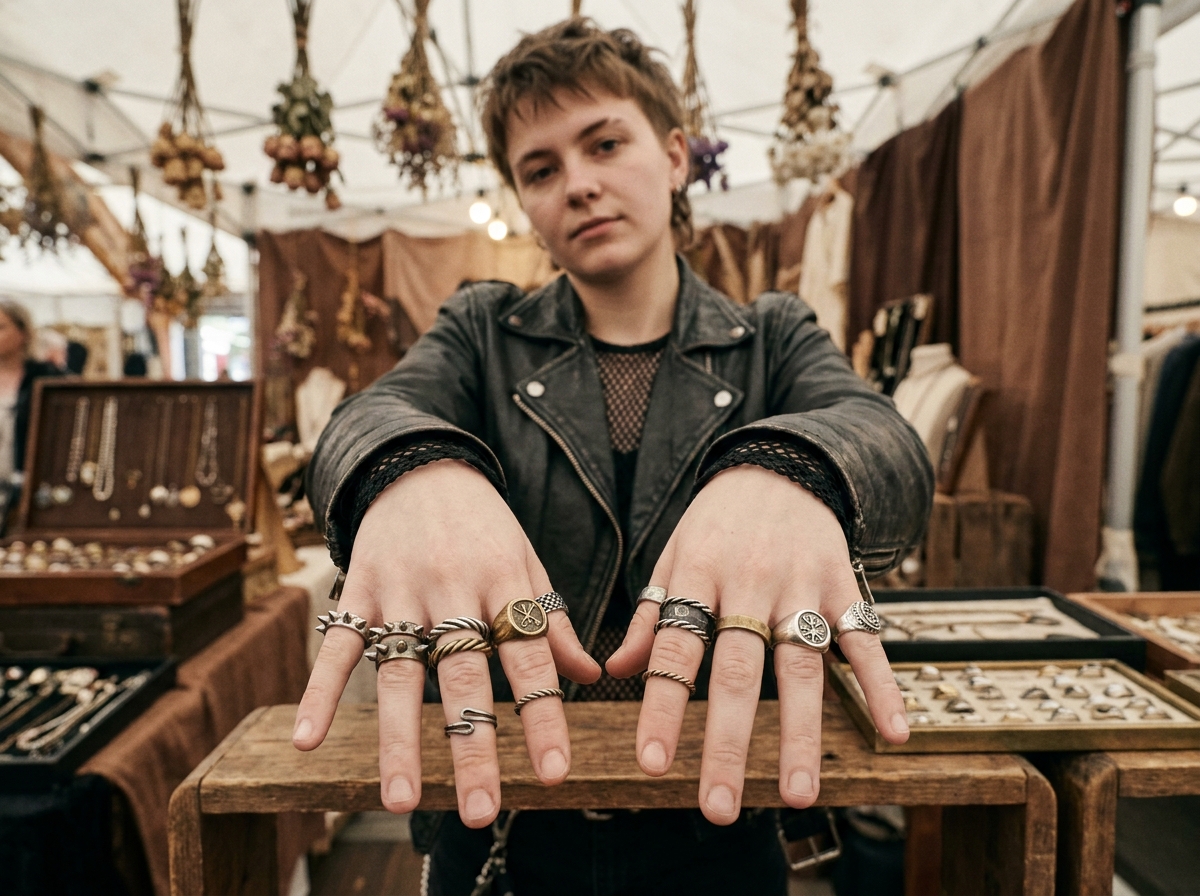 Personne portant une collection de bagues punk inspirées du style rebelle dans un marché vintage aux ambiances chaleureuses