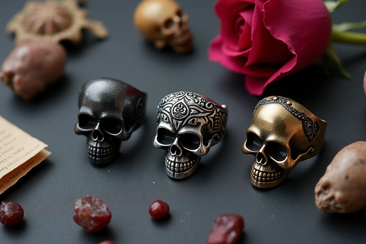 Flat lay de trois bagues têtes de mort en acier, argent et laiton sur ardoise avec rose séchée et parchemin, style éditorial