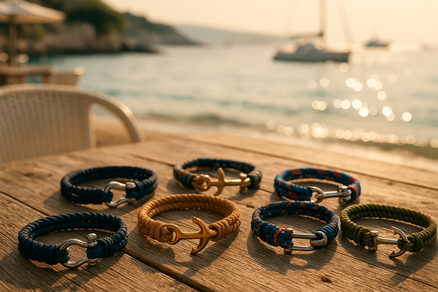 Collection de bracelets nautiques sur une table en bois au bord de mer