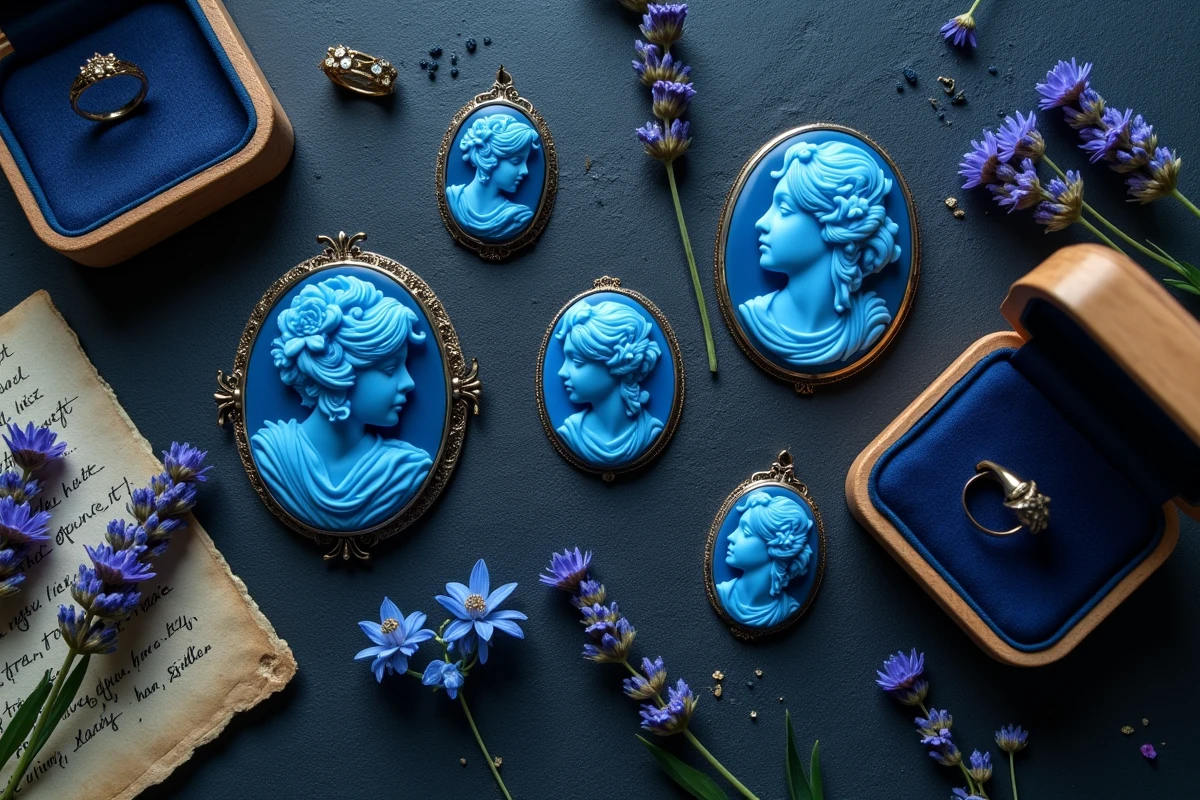 Composition à plat de plusieurs camées bleus de tailles variées sur ardoise sombre, entourés de lavande séchée et de notes manuscrites anciennes