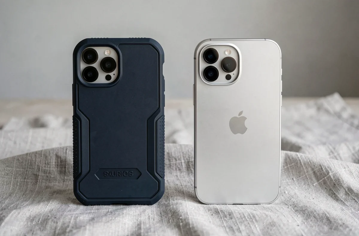 Comparaison de deux iPhone 14 Plus, un avec coque de protection anti-rayures et un sans coque, sur fond de tissu gris