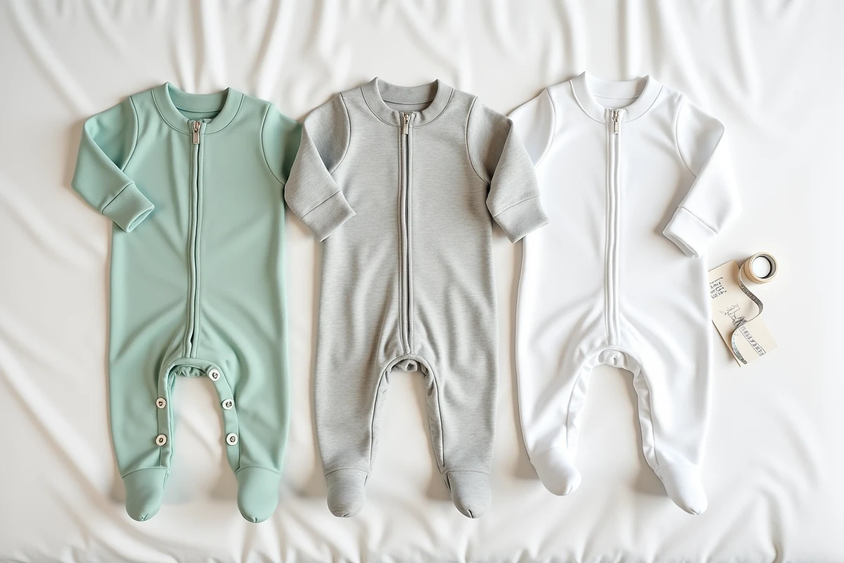 Comparaison de trois grenouillères bébé posées à plat montrant différents systèmes de fermeture et matières textiles
