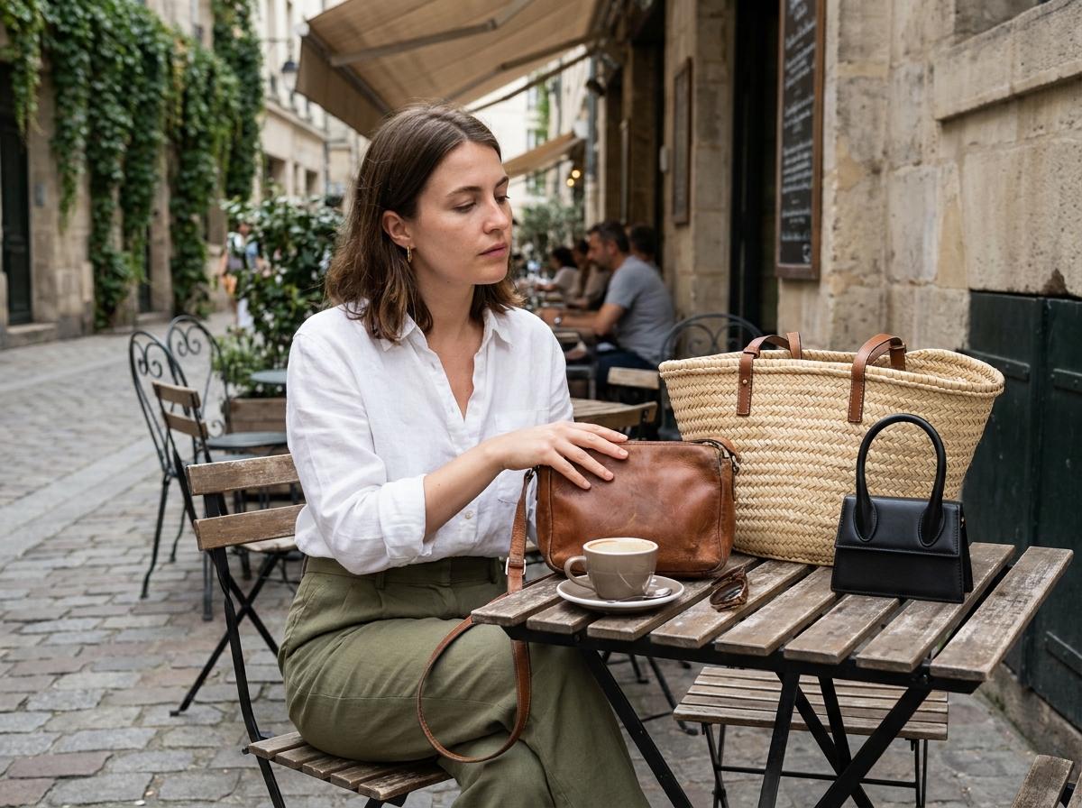 Jeune femme comparant différents modèles de sacs à main posés sur une table de café en terrasse, pour trouver le style idéal