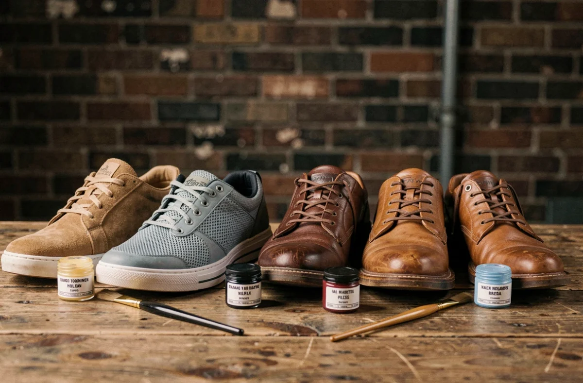 Comparaison de sneakers en différentes matières avec leurs peintures adaptées sur une surface en bois