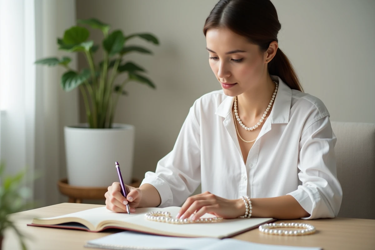 Femme comparant deux colliers de perles de culture à son bureau pour identifier les critères de qualité et évaluer un prix juste