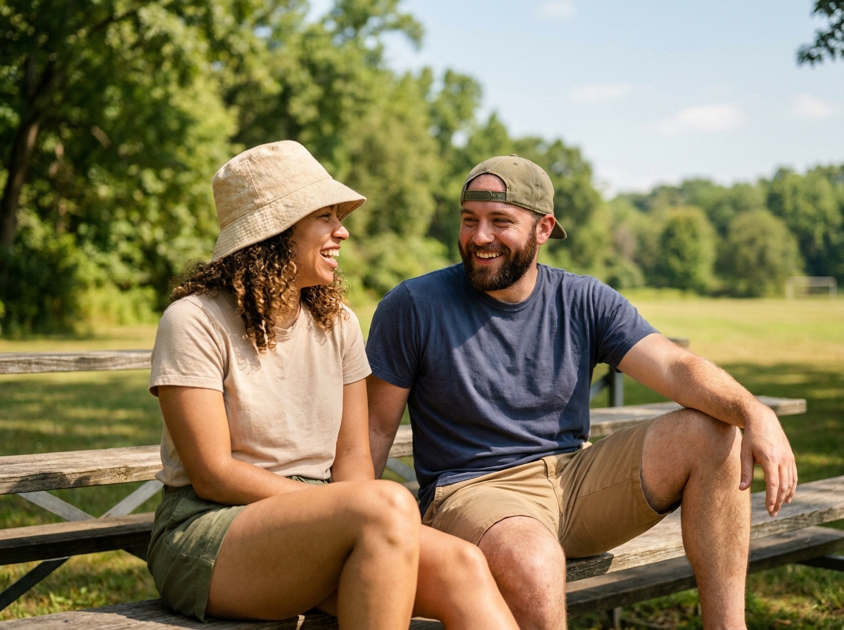Deux amis comparant un bob en lin et une casquette snapback dans un parc en été