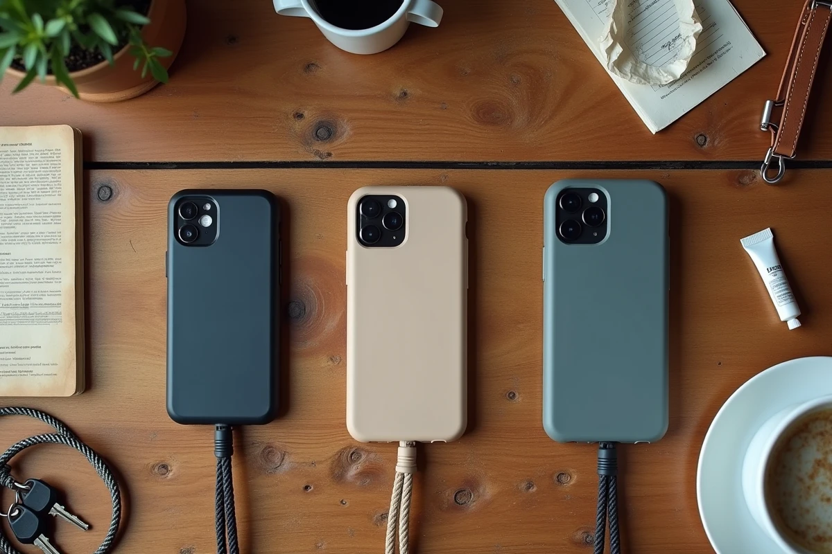 Comparaison de coques téléphone avec cordon lanière et bandoulière posées sur une table de cuisine familiale