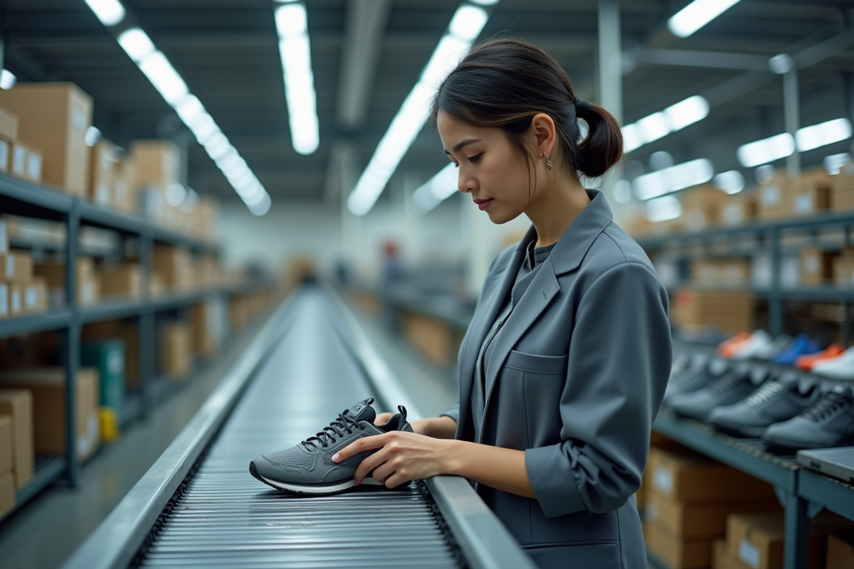 Jeune femme inspectrice de chaussures dans une usine moderne