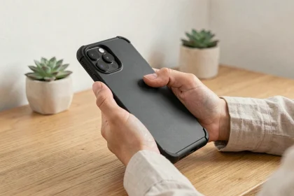 Femme tenant un iPhone 14 Plus avec une coque de protection mate noire posée sur un bureau en bois minimaliste