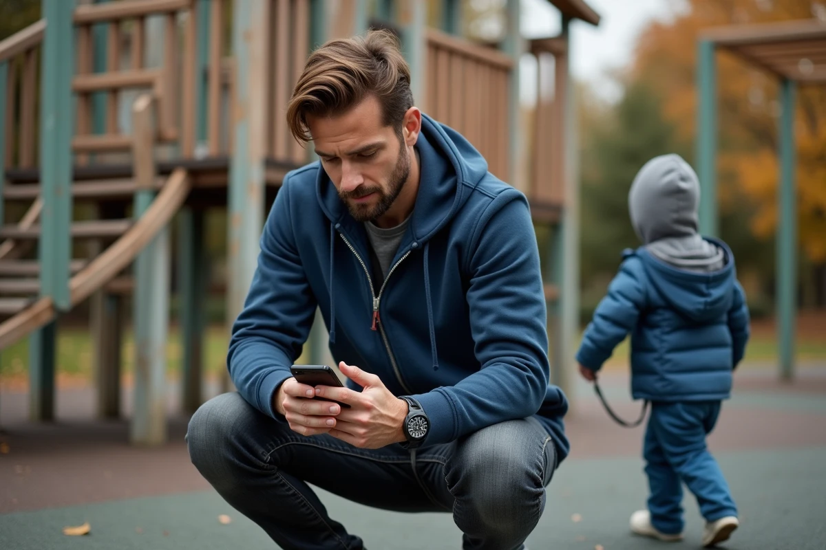 Papa surveillant son enfant dans un parc avec une coque smartphone à cordon pratique autour du poignet